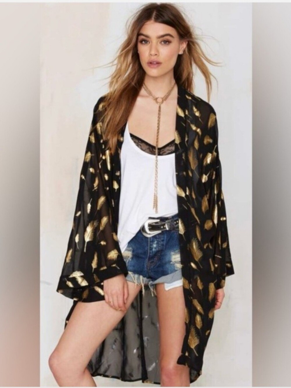 Honey Punch Black Gold Metallic Feather Print Open Front Kimono Duster Small